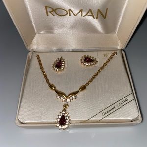 Vintage Roman goldtone 18” necklace & earring set faceted crystals faux amethyst